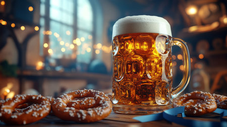 A large mug filled with golden beer sits on a rustic table, surrounded by delicious soft pretzels. Warm lights create a cozy atmosphere in the tavern, enhancing the festive mood.の素材