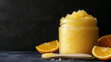 A jar of yellow citrus sugar scrub sits on a dark surface, adorned with zesty orange slices. The scrub has a fluffy texture and is garnished with sparkling sugar, evoking freshness.の素材