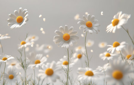A cluster of white daisies stands tall with bright yellow centers, swaying slightly in a gentle breeze against a soft, light-colored background. The flowers create a peaceful atmosphere.の素材