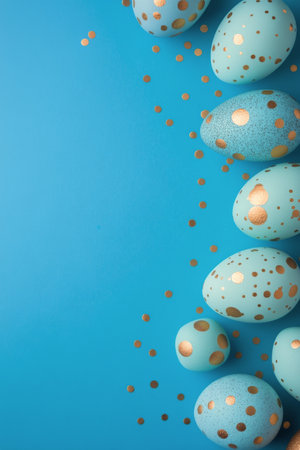 Blue Easter eggs adorned with gold dots are creatively arranged on a vibrant blue background, accompanied by scattered gold confetti, ideal for holiday decoration inspiration.の素材