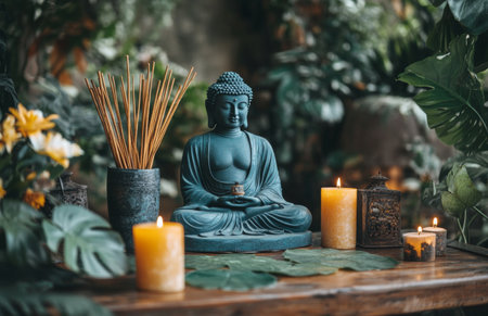 A buddha statue sits in a serene arrangement surrounded by candles, smooth stones, and lush greenery, creating a peaceful atmosphere perfect for relaxation and reflection.の素材