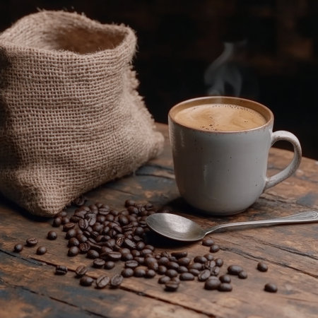 Steam rises from a cup of freshly brewed coffee next placed to a burlap sack laying on a wooden table, with roasted coffee beans spilling out, creating a warm and inviting atmosphere.の素材