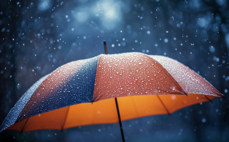 A black umbrella sits under falling rain, showing numerous droplets accumulating on its surface. The backdrop is softly blurred, enhancing the tranquil feeling of a rainy day.の素材