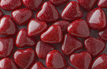 Rows of glossy red heart-shaped gummies are arranged closely together, highlighting their shiny texture and perfect shape, making them a delightful treat for festive occasions.の素材