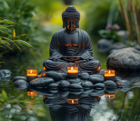 A stone Buddha sits peacefully on a bed of rocks in a reflective pool, surrounded by floating candles and rich green foliage, creating a calm, meditative ambiance.の素材