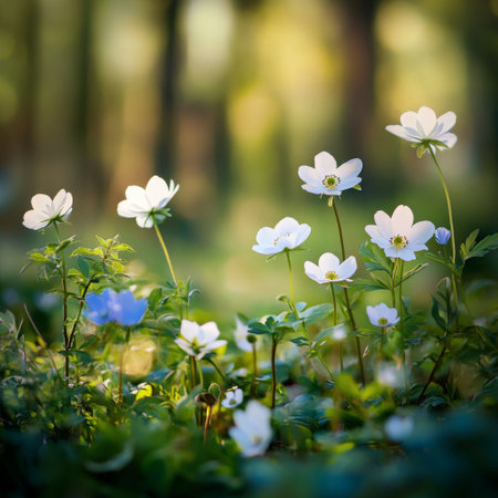 Delicate white wildflowers emerge from the forest floor, basking in sunlight with green foliage surrounding them, signaling the arrival of spring in a tranquil woodland.の素材