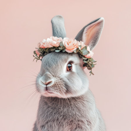 A lovely rabbit with a floral crown sits against a pastel pink backdrop, displaying a sweet expression, creating a captivating and whimsical atmosphere perfect for spring or celebrations.の素材