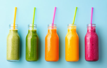 Various vibrant smoothies in glass jars, each with a unique color and flavor, are arranged neatly in a line against a light blue background in a bright and inviting cafe setting.の素材
