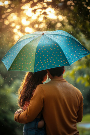A couple enjoys a moment together under a blue umbrella with yellow polka dots while rain falls softly around them in a vibrant green park during sunset.の素材