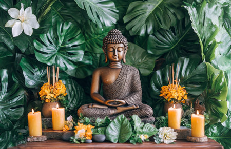 A buddha statue sits in a serene arrangement surrounded by candles, smooth stones, and lush greenery, creating a peaceful atmosphere perfect for relaxation and reflection.の素材
