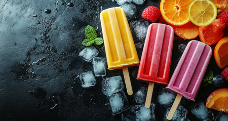 Three vibrant popsicles sit beside a mix of fresh fruits and ice cubes on a dark surface, creating a refreshing summer display inviting dessert lovers to enjoy a cool treat.の素材