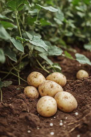 A cluster of freshly harvested potatoes sits on dark, fertile soil, surrounded by vibrant green foliage. Soft morning light enhances the natural colors of the scene.の素材