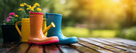 Brightly colored rubber boots stand next to a yellow watering can on a wooden path in a garden filled with blooming flowers, capturing a serene moment in early morning sunlight.の素材