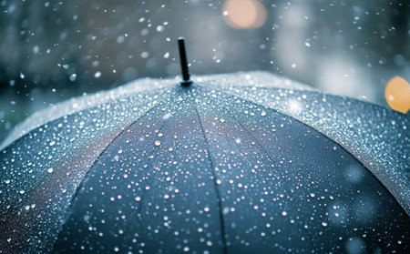 A black umbrella sits under falling rain, showing numerous droplets accumulating on its surface. The backdrop is softly blurred, enhancing the tranquil feeling of a rainy day.の素材
