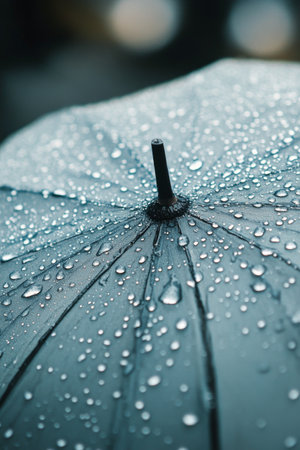 Raindrops are clearly visible on the surface of a dark umbrella. The gloomy weather highlights the calming effect of rain, inviting moments of reflection and tranquility in a bustling environment.の素材