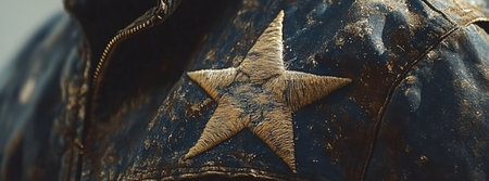 A close-up of a worn jacket adorned with a large, embroidered star emblem. The fabric shows dirt and signs of wear, reflecting outdoor adventures in an urban environment.の素材