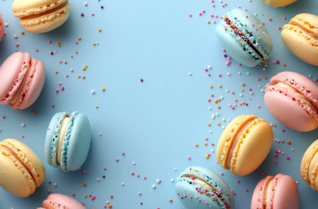 A vibrant assortment of macarons in various colors is arranged in a circular layout on a light blue surface. Colorful sprinkles are scattered to enhance the dessert's joyful appearance.の素材