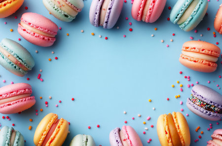 A vibrant assortment of macarons in various colors is arranged in a circular layout on a light blue surface. Colorful sprinkles are scattered to enhance the dessert's joyful appearance.の素材
