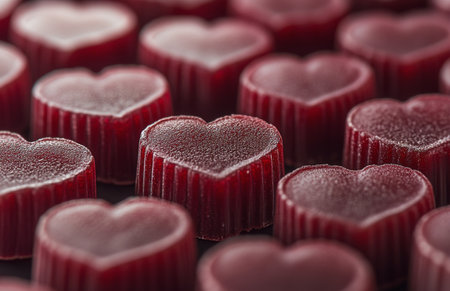 Rows of glossy red heart-shaped gummies are arranged closely together, highlighting their shiny texture and perfect shape, making them a delightful treat for festive occasions.の素材