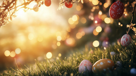 Colorful easter eggs in various patterns and colors are scattered across lush green grass, illuminated by soft golden lights hanging above, creating a peaceful spring atmosphere.の素材