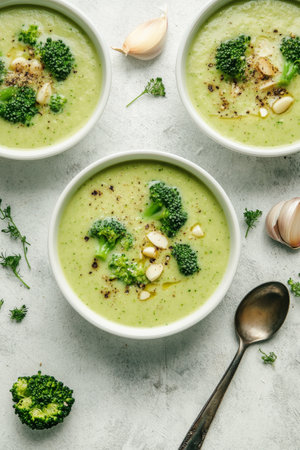 Broccoli soup served in two white bowls, garnished with fresh broccoli pieces, herbs, and a drizzle of oil, showing vibrant colors and a textured background.の素材