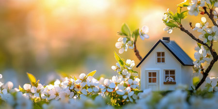 A charming miniature house nestled among delicate white flowers in a bright garden setting. The warm sunlight creates a soothing atmosphere, celebrating the beauty of nature in spring.の素材