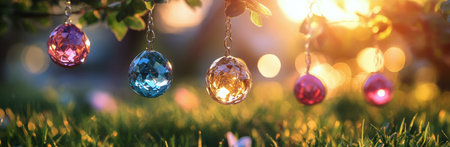 In a garden at sunset, brightly colored Easter eggs dangle from tree branches above a lush, flower-filled lawn, celebrating the joy of spring and Easter festivities.の素材