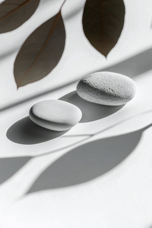 Smooth, round white stones rest on a light surface, their shadows mingling with delicate leaf shapes as sunlight filters through, creating an artistic interplay of light and shadow.の素材