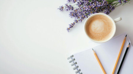 A small pot of blooming lavender sits next to a cup of coffee with latte art. Nearby, a blank notepad and a pencil are placed on a minimalist white desk, creating a serene environment.の素材