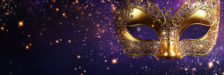 A vibrant golden masquerade mask rests elegantly on a shimmering purple backdrop filled with sparkling lights, evoking a magical atmosphere for a festive carnival.の素材