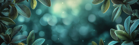 Lush green leaves border a soft, blurred background with sparkling light, conveying tranquility and a connection to nature. Perfect for creative projects and digital aesthetics.の素材