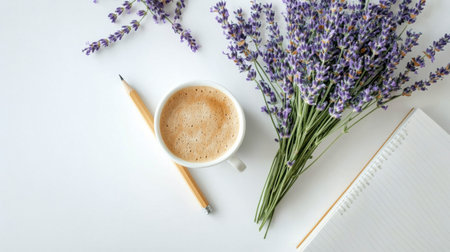 A small pot of blooming lavender sits next to a cup of coffee with latte art. Nearby, a blank notepad and a pencil are placed on a minimalist white desk, creating a serene environment.の素材