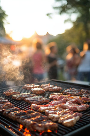 Sizzling pieces of meat are cooking on a barbecue grill, with steam rising into the warm evening air as the sun sets, creating a joyful atmosphere among friends and family.の素材