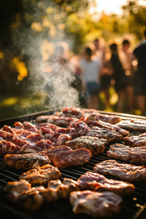 Sizzling pieces of meat are cooking on a barbecue grill, with steam rising into the warm evening air as the sun sets, creating a joyful atmosphere among friends and family.の素材