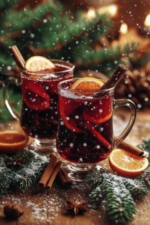 Two glasses filled with a steaming spiced drink are decorated with cinnamon sticks and orange slices, surrounded by pine branches and snowflakes, creating a cozy winter atmosphere.の素材