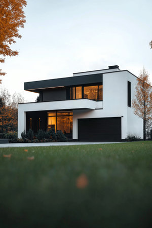 A stylish modern house features a combination of white and gray exteriors with large windows. It is set on a well-maintained lawn during late afternoon, highlighting its contemporary design.の素材