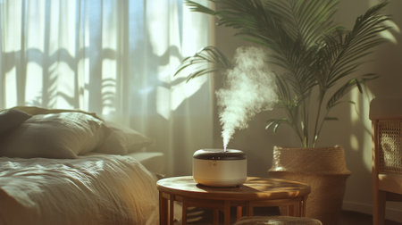 A calming environment is created by an aromatherapy diffuser releasing mist in a cozy bedroom. Natural light filters through sheer curtains, and greenery adds a touch of nature.の素材