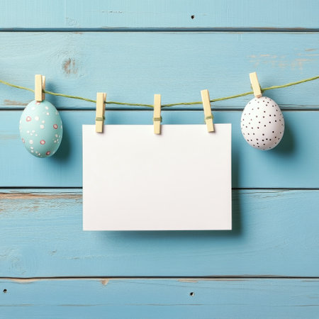 Decorative pastel Easter eggs are hung on a string using clothespins, with a blank card in the center, creating a festive atmosphere perfect for Easter celebrations.の素材