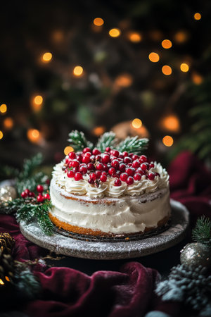 A beautifully decorated holiday cake features rich frosting topped with fresh red berries and green leaves, surrounded by twinkling lights and a cozy, festive ambiance.の素材