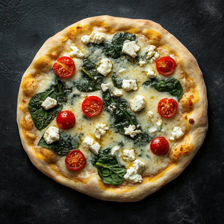 This delectable pizza features a golden crust generously topped with vibrant spinach, ripe cherry tomatoes, and crumbled feta cheese. It is set against a dark surface, enhancing its colors.の素材