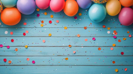 A vibrant display of balloons in various colors surrounds a blue wooden surface, decorated with colorful confetti and patterned Easter eggs, creating a fun party setting.の素材