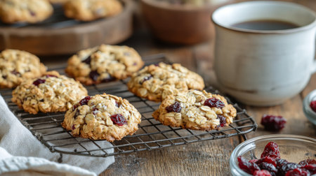 Oatmeal cookies studded with dried cherries cool on a wire rack beside bowls of dried cherries and a steaming cup of coffee in a homey kitchen.の素材