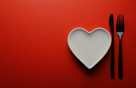 A heart-shaped plate features a red heart centerpiece, complemented by black forks and knives. This arrangement creates a romantic atmosphere ideal for a special dinner or celebration.の素材