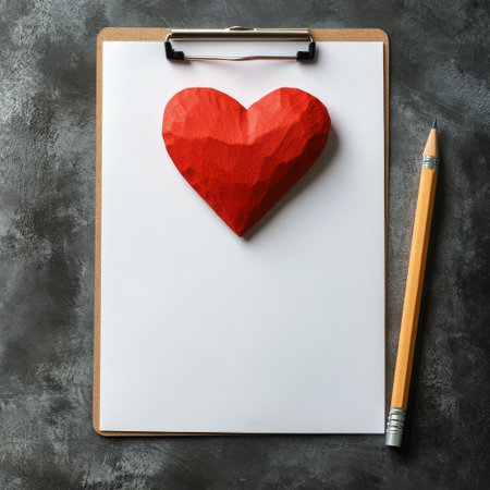 A wooden heart rests on blank lined paper attached to a clipboard, accompanied by a pencil, creating a cozy and inviting workspace for personal reflections and creativity.の素材
