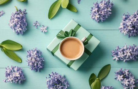 A beautifully wrapped gift box sits on a rustic turquoise table, adorned with a soft turquoise ribbon. Next to it, a cup of steaming coffee and vibrant purple flowers create a charming arrangement.の素材