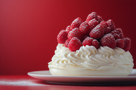 A pavlova dessert features a crisp meringue base covered in fluffy whipped cream and generously topped with fresh raspberries, creating a visually appealing treat in festive colors.の素材