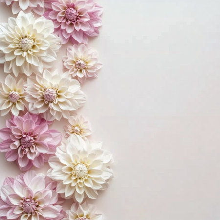 Soft pastel dahlias in shades of cream and pink are beautifully arranged against a light background, creating an elegant and tranquil display perfect for decoration.の素材