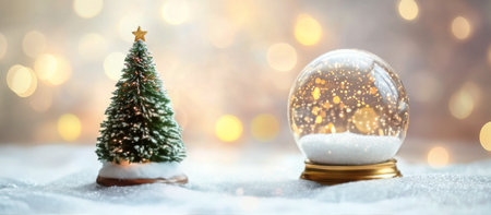 A small decorative Christmas tree adorned with lights stands beside a snow globe filled with sparkling snowflakes. The background glows softly, creating a warm holiday atmosphere.の素材