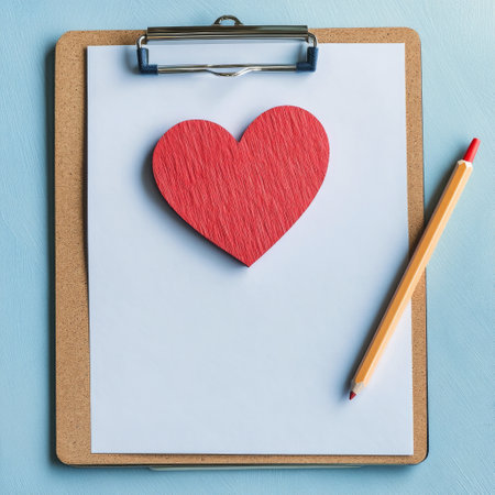 A wooden heart rests on blank lined paper attached to a clipboard, accompanied by a pencil, creating a cozy and inviting workspace for personal reflections and creativity.の素材