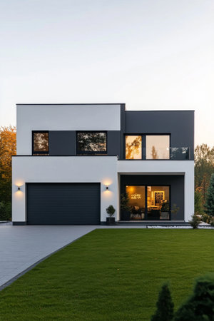 A stylish modern house features a combination of white and gray exteriors with large windows. It is set on a well-maintained lawn during late afternoon, highlighting its contemporary design.の素材